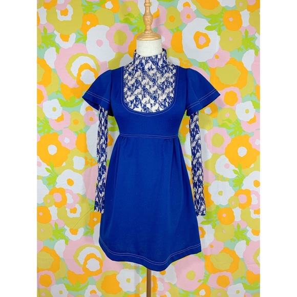 SOLD 60s 70s CATS Blue Baby Doll Mini GoGo Dress - Picture 2 of 4